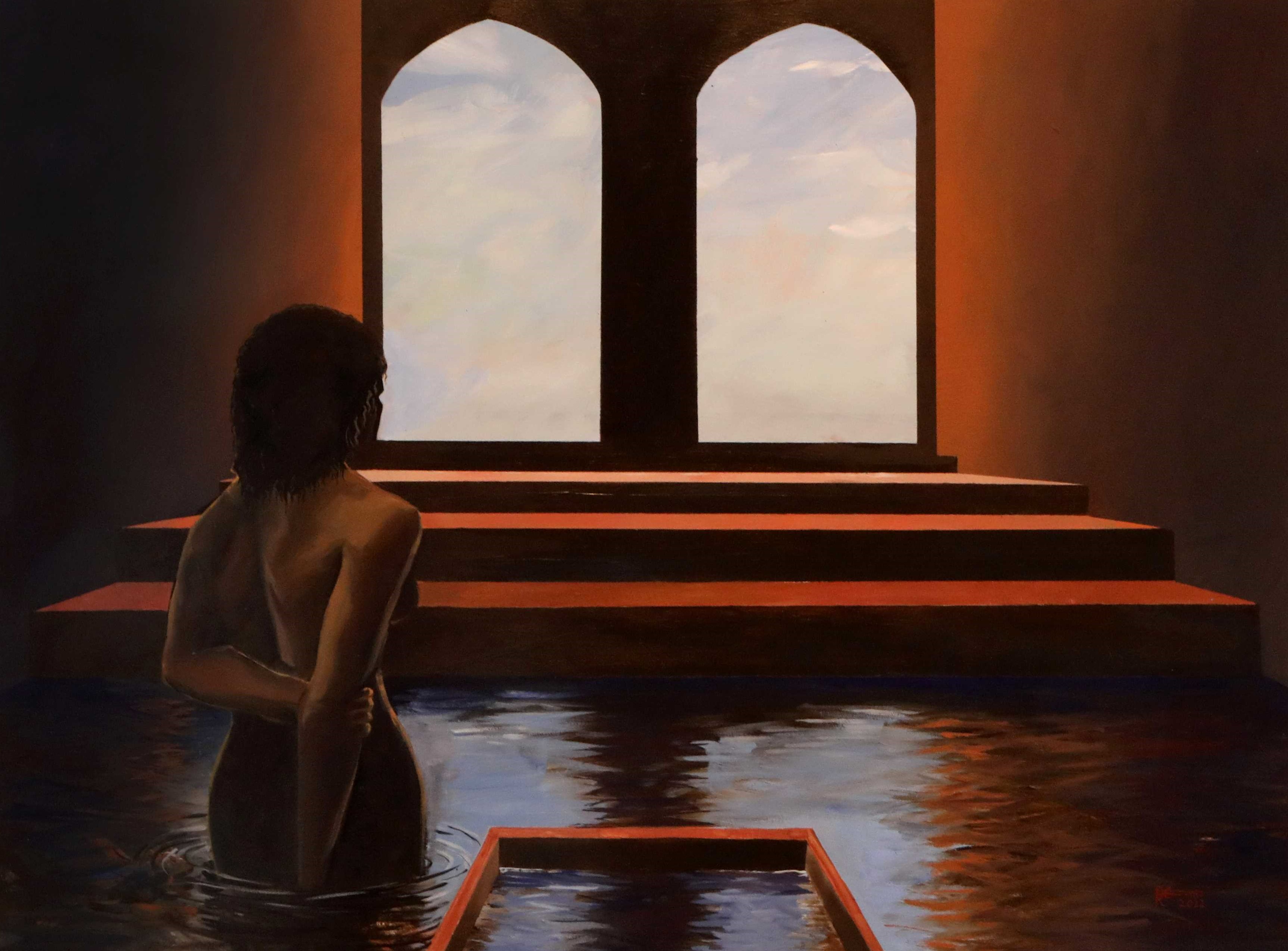 Finisterre oilpainting oil on panel by Rachel Climo olieverfschilderij vrouw in water