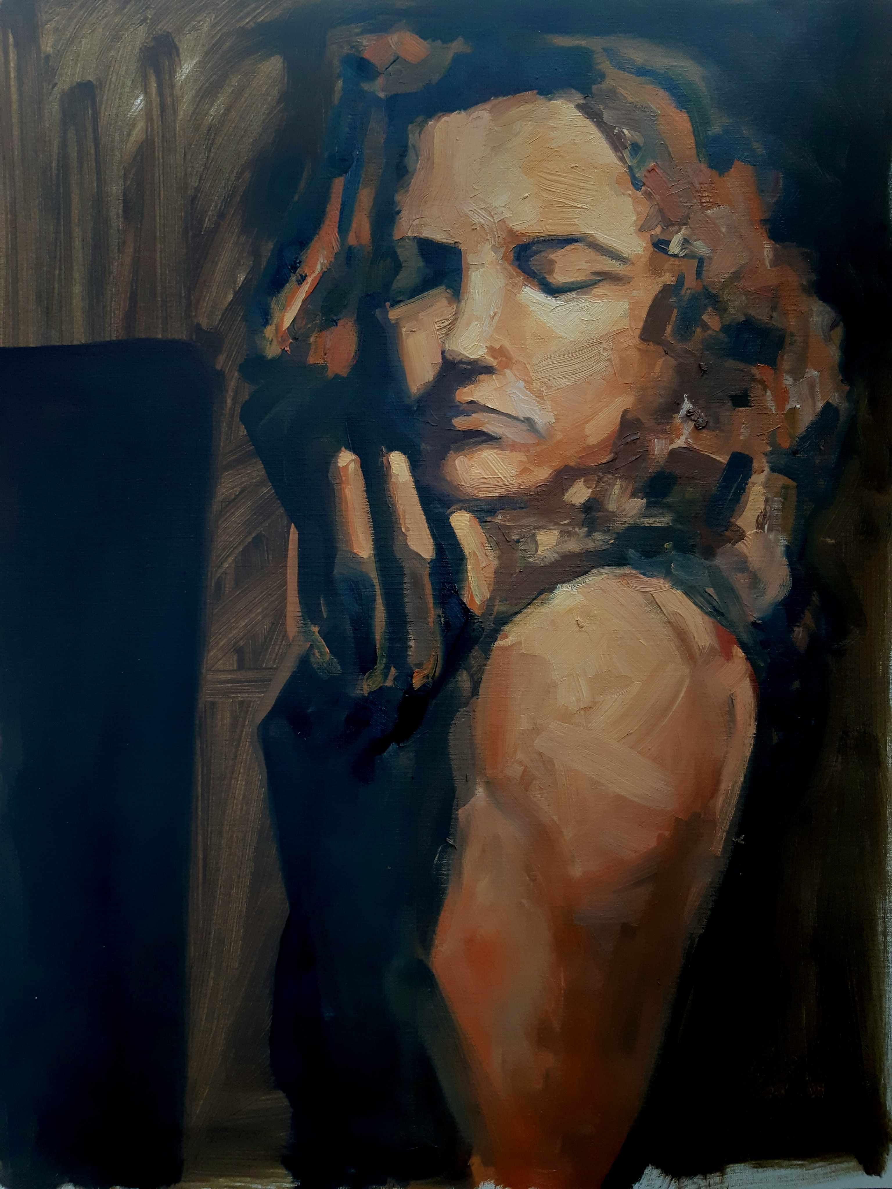 Selfportrait oil on panel painting by artist Rachel Climo