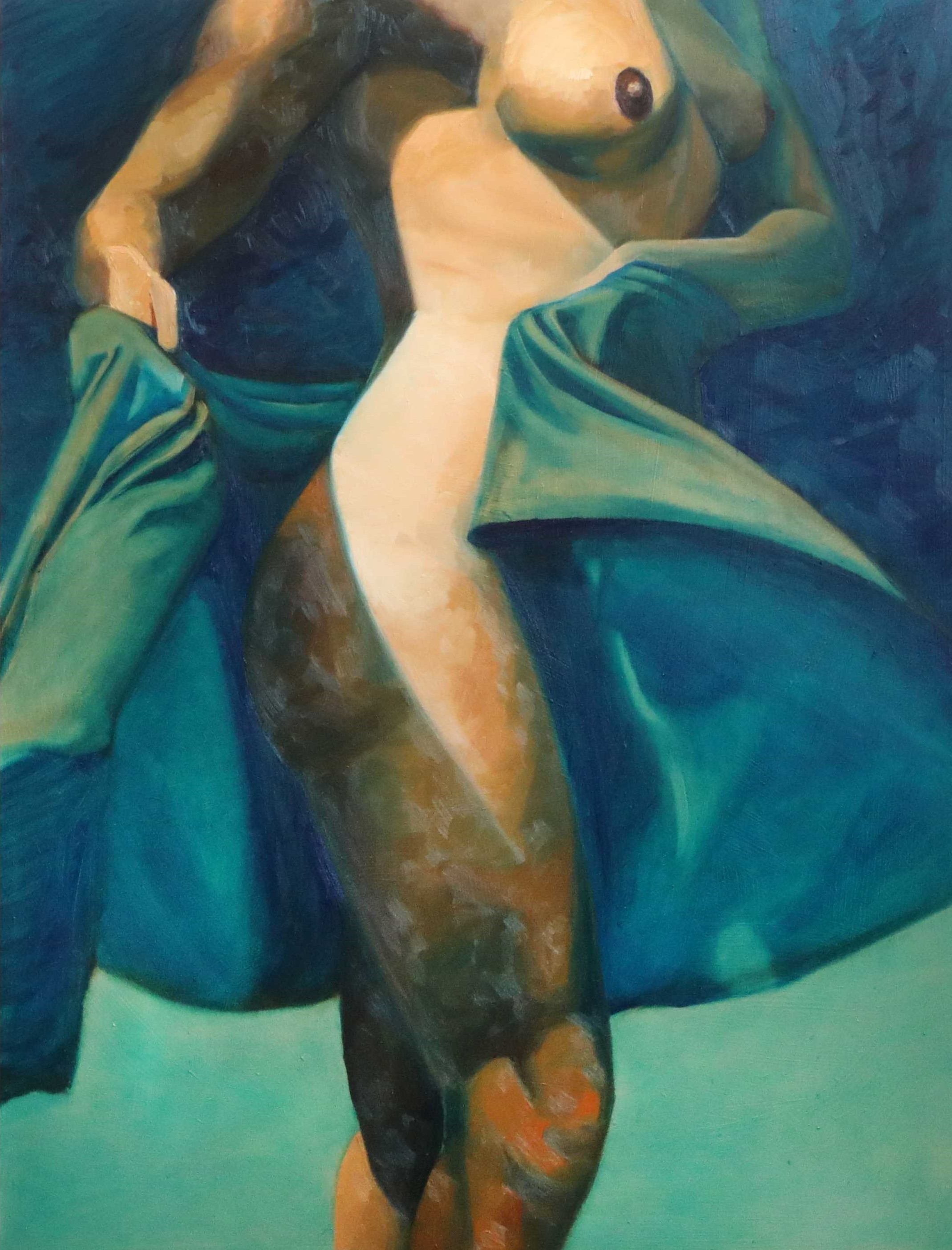 Blue this love I found is covered up oilpainting by Rachel Climo artist olieverf op paneel schilderij blauw naakte vrouw schilderij