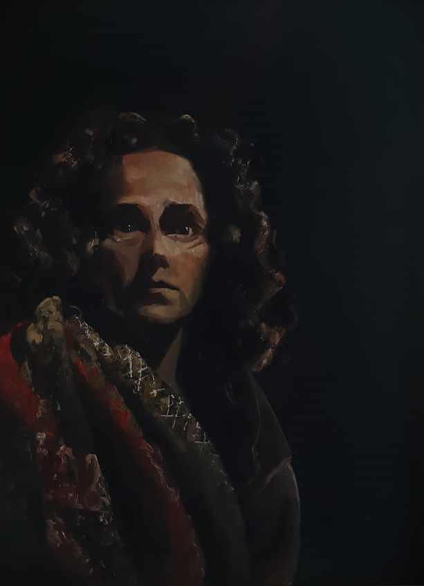 oilpainting oil on panel by Rachel Climo olieverfschilderij vrouwportret clair obscur