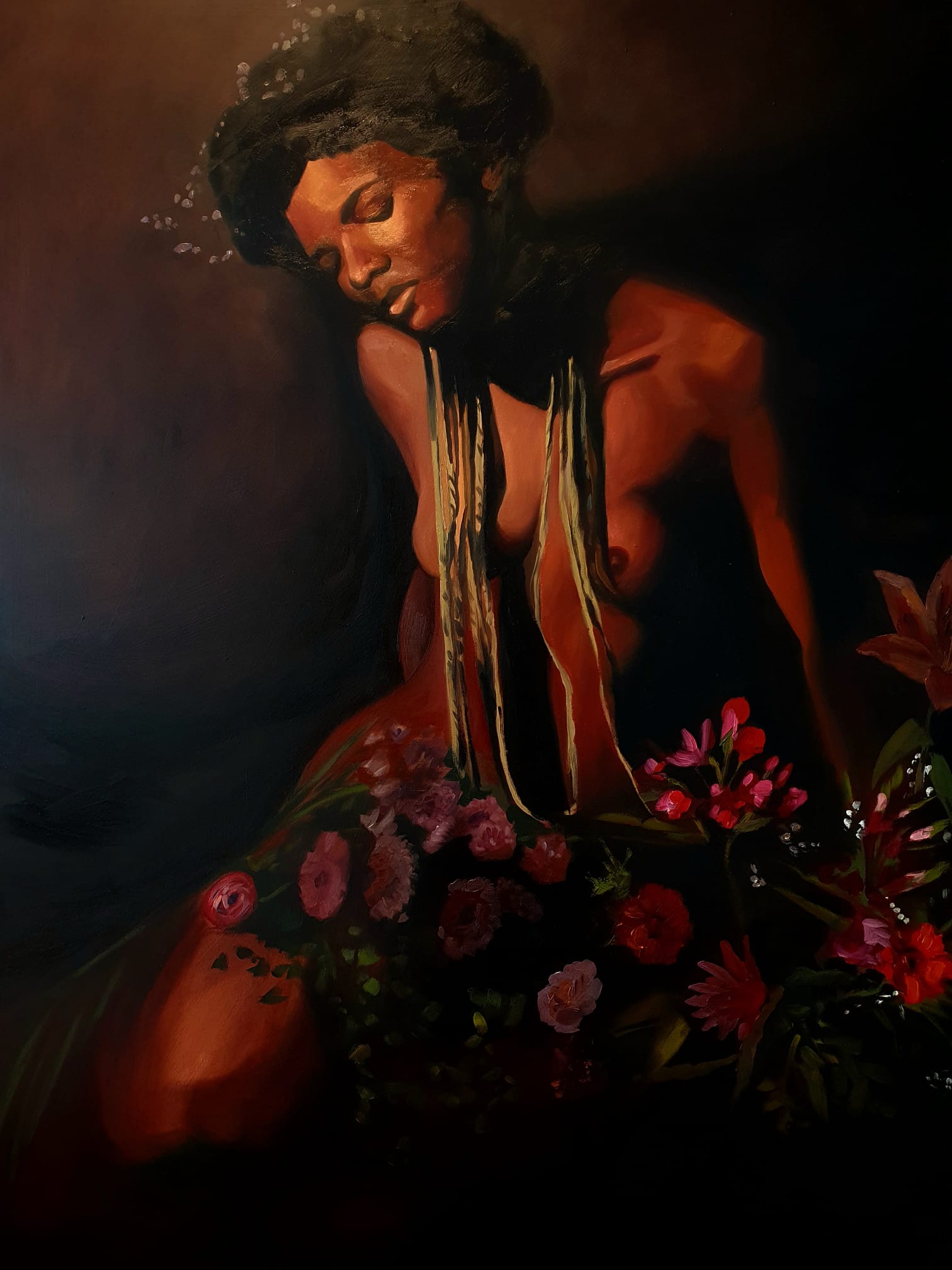 Flora painting oil on panel olieverfschilderij van Rachel Climo van de goding van de lente Flora, vrouw met bloemen