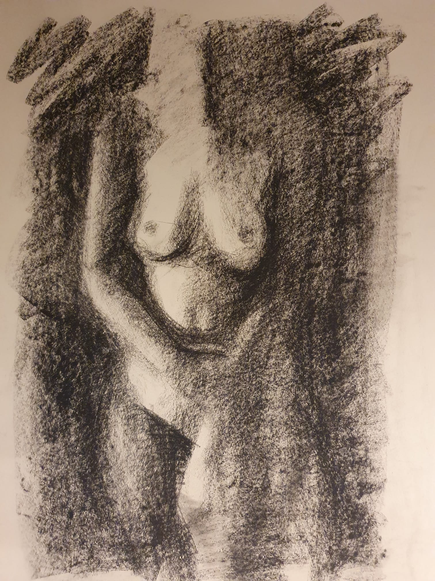 Modeltekening modeldrawing Rachel Climo zwart conté krijt op getoond papier