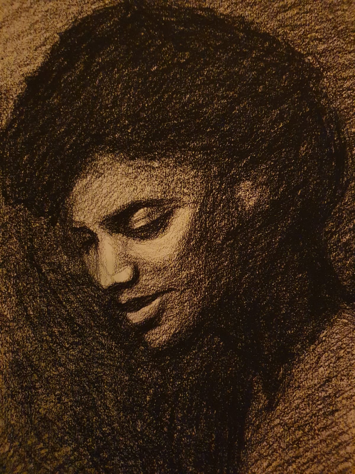 Modeldrawing zwart en wit contékrijt op papier Rachel Climo portret