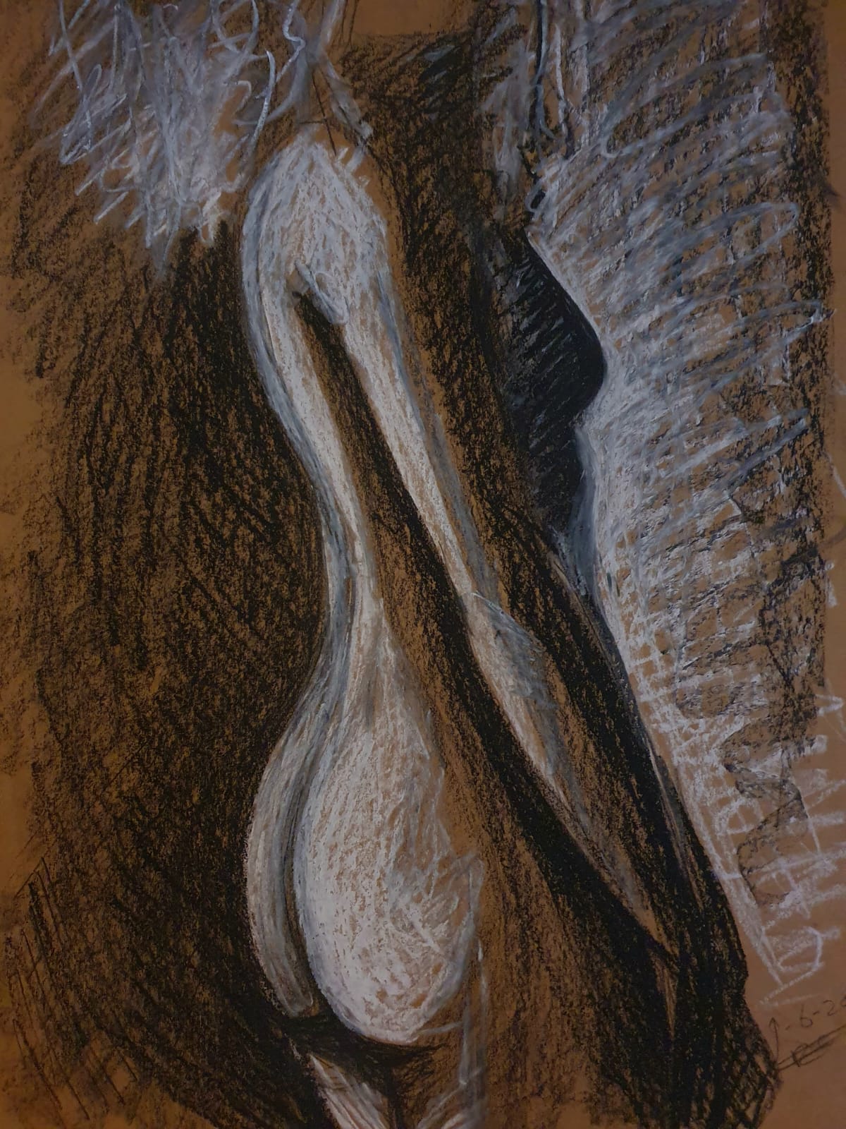 Modeltekening modeldrawing Rachel Climo zwart en wit conté krijt op getoond papier