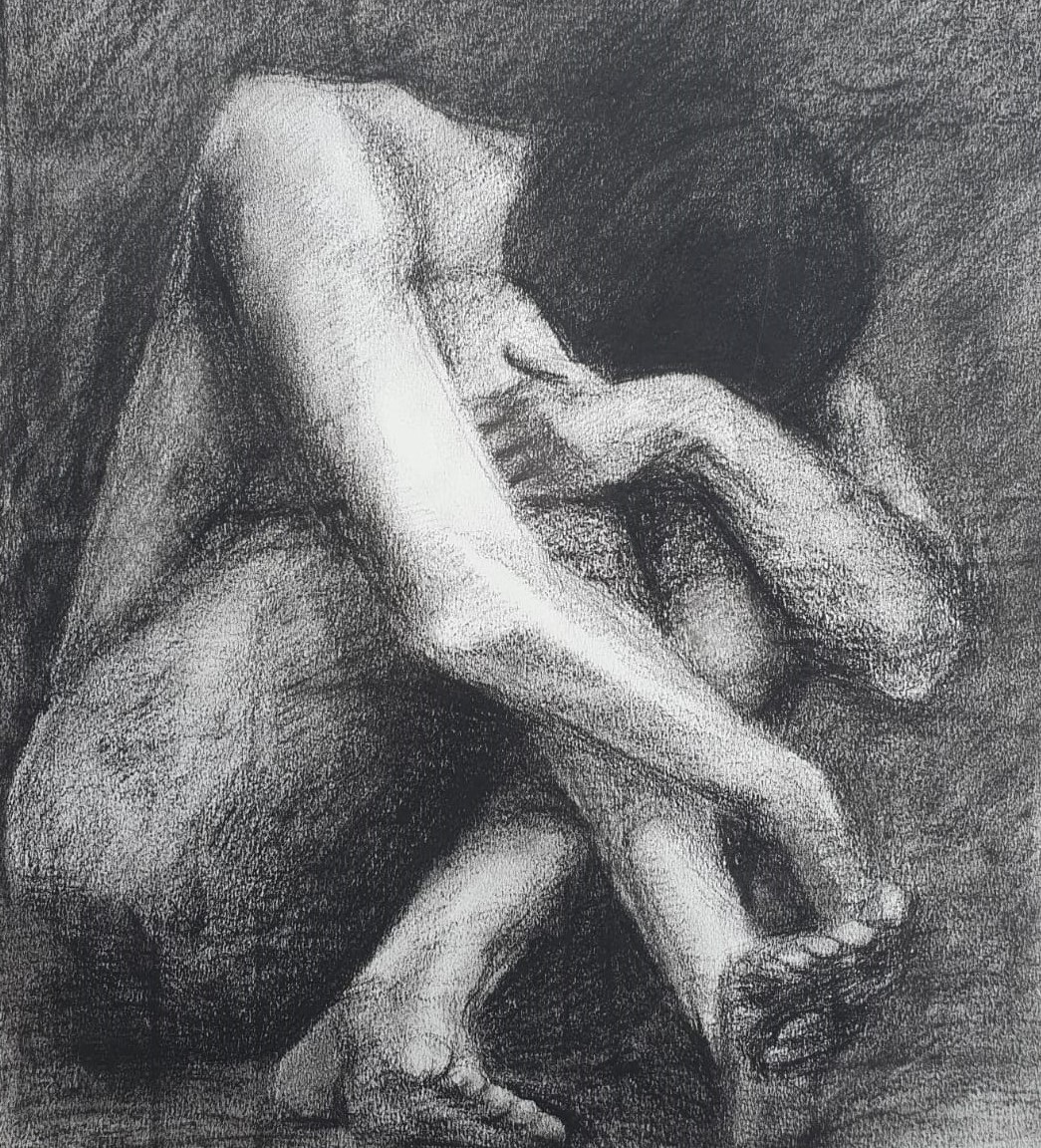 Modeldrawing zwart contékrijt op papier Rachel Climo