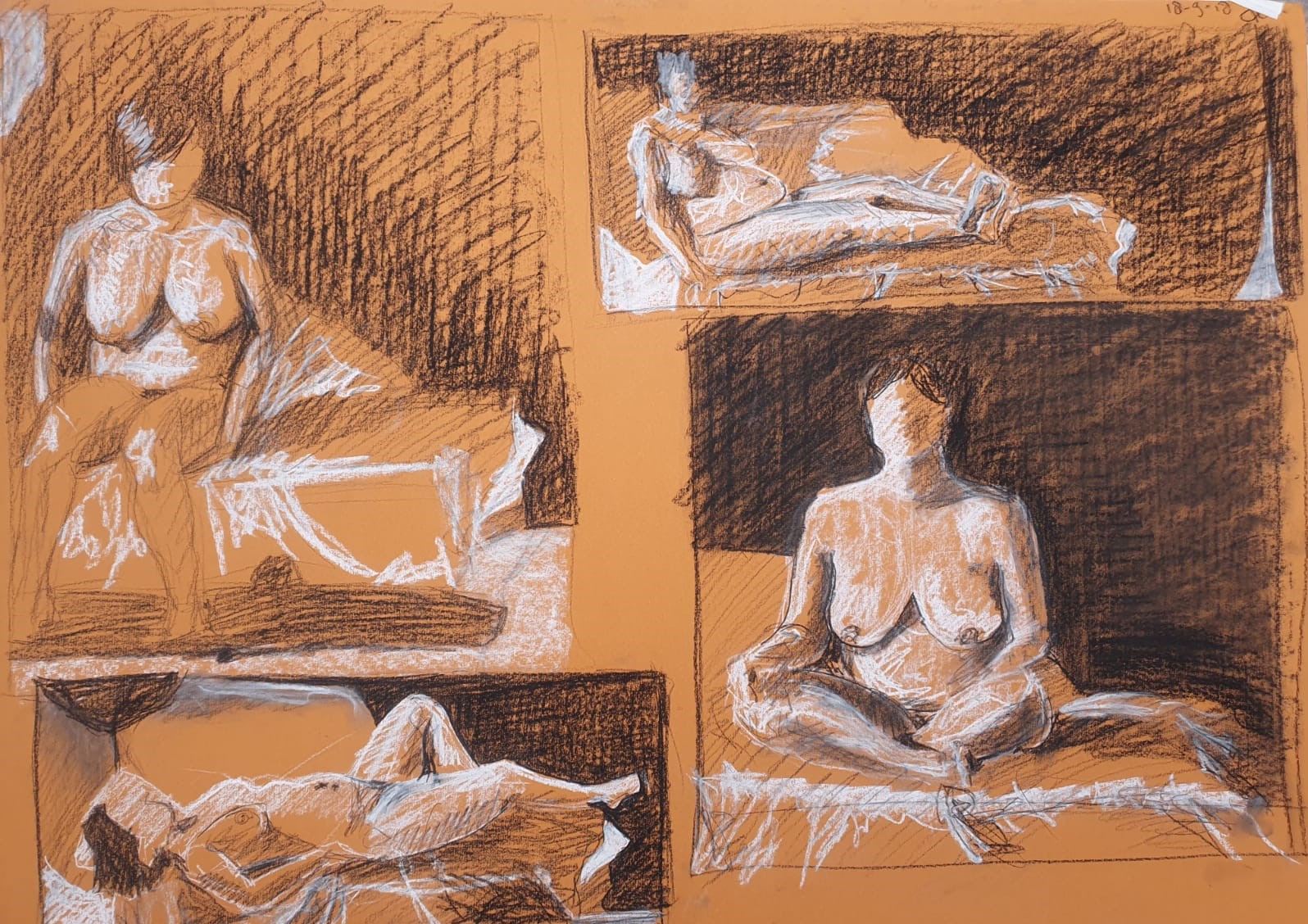 Modeldrawing zwart en wit conté krijt op gekleurd papier Rachel Climo