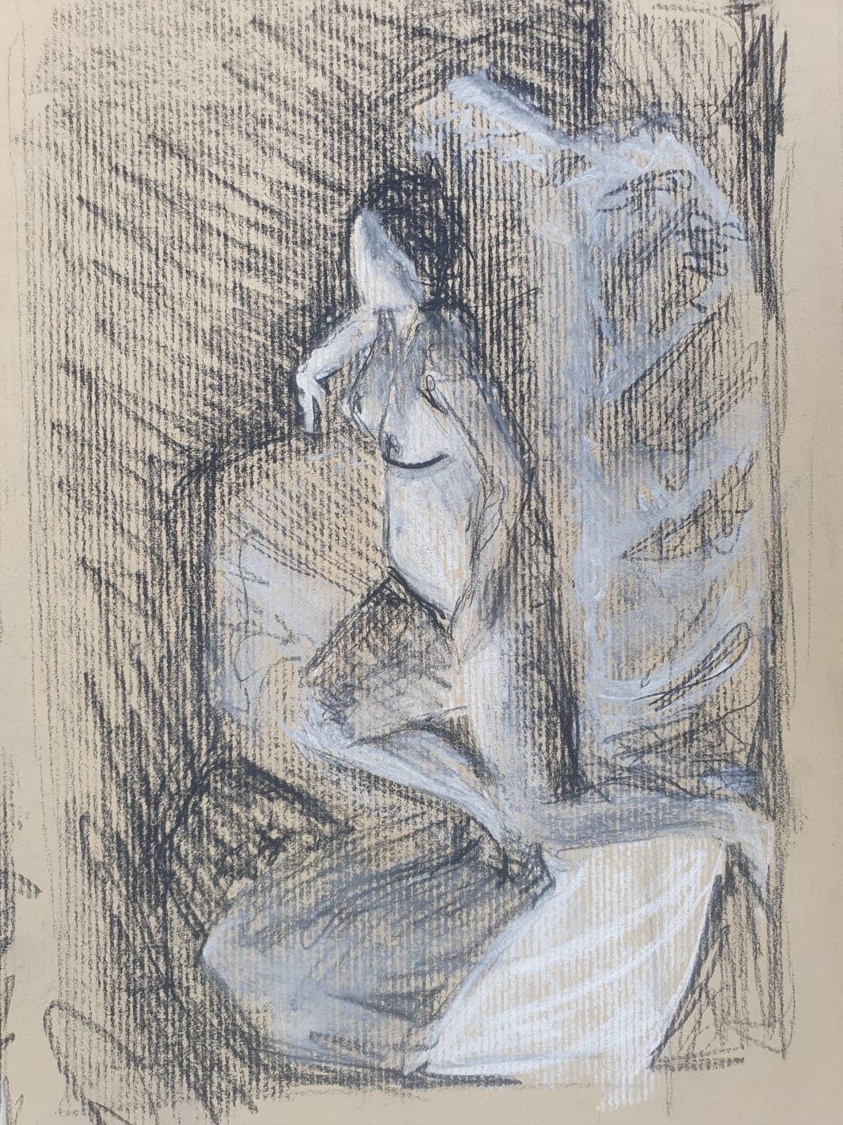 Modeldrawing zwart en wit contékrijt op getoond papier Rachel Climo