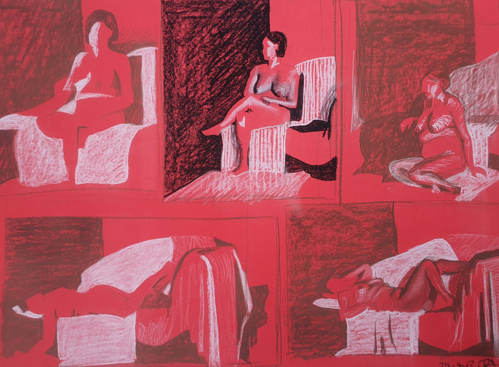 Modeldrawing black and white conté on orange paper Rachel Climo