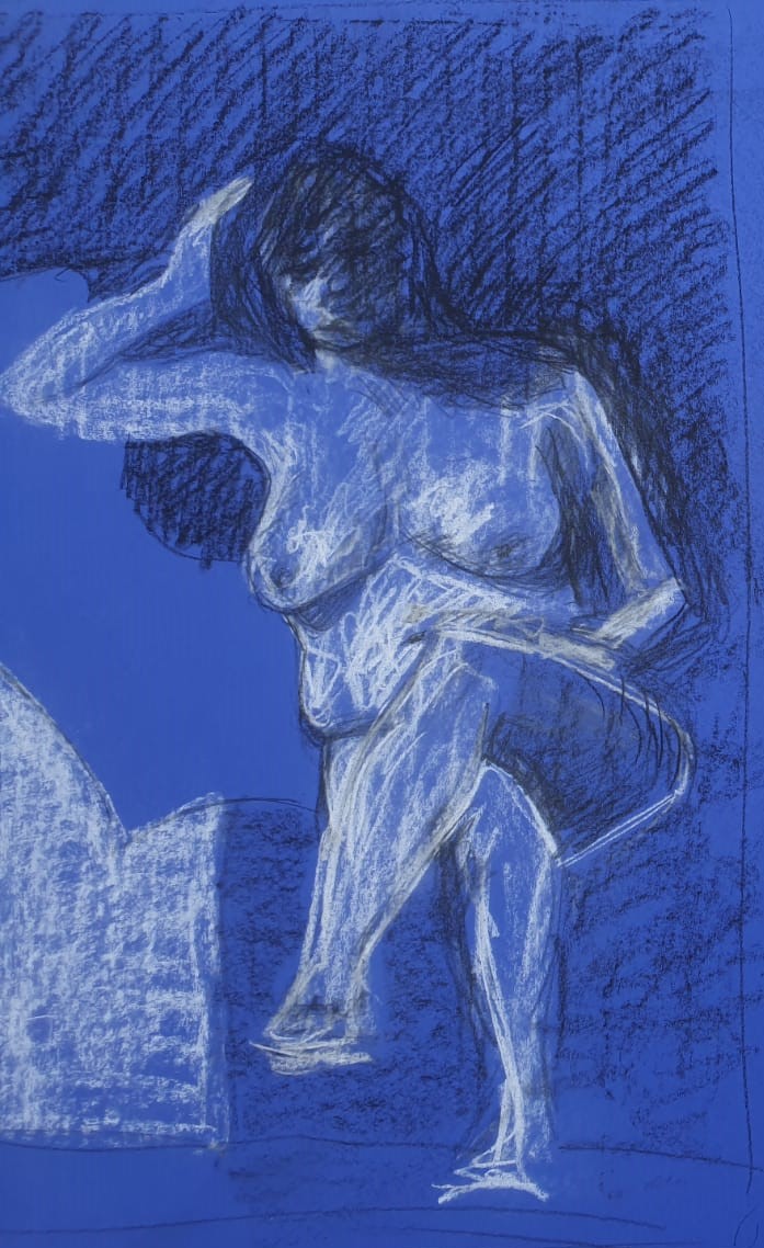 Modeldrawing black and white conté on blue paper Rachel Climo