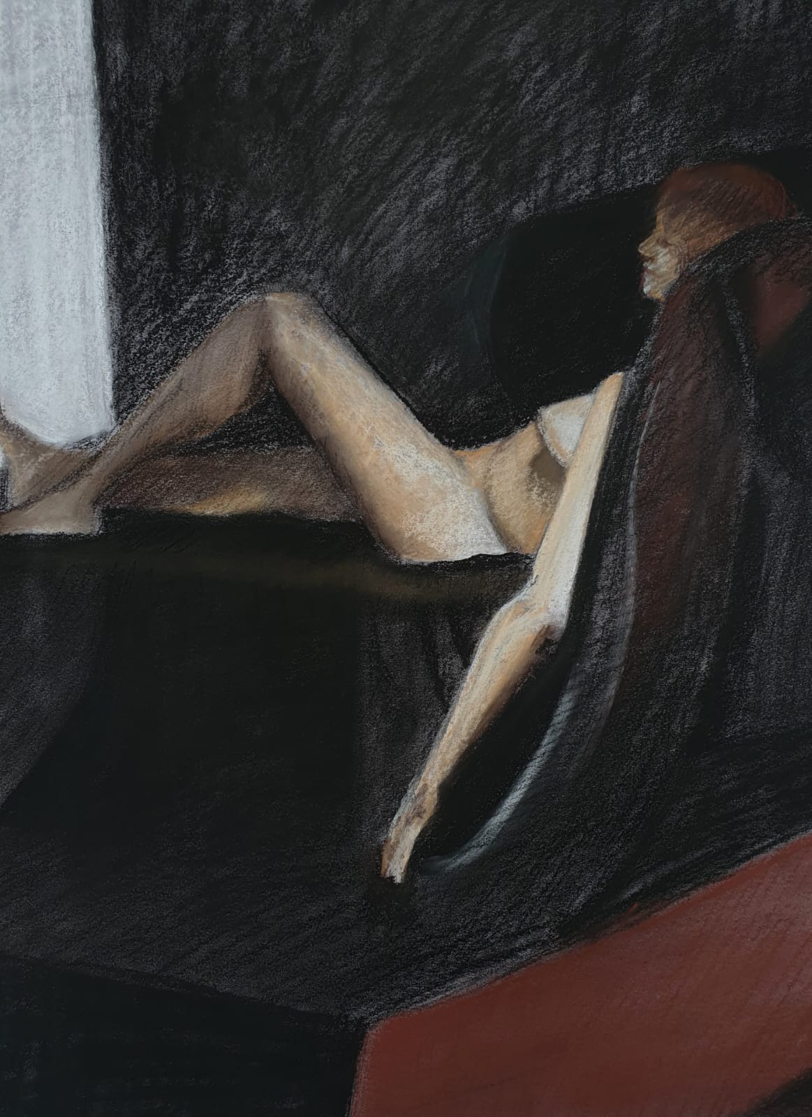 Modeldrawing pastel Rachel Climo model op bank