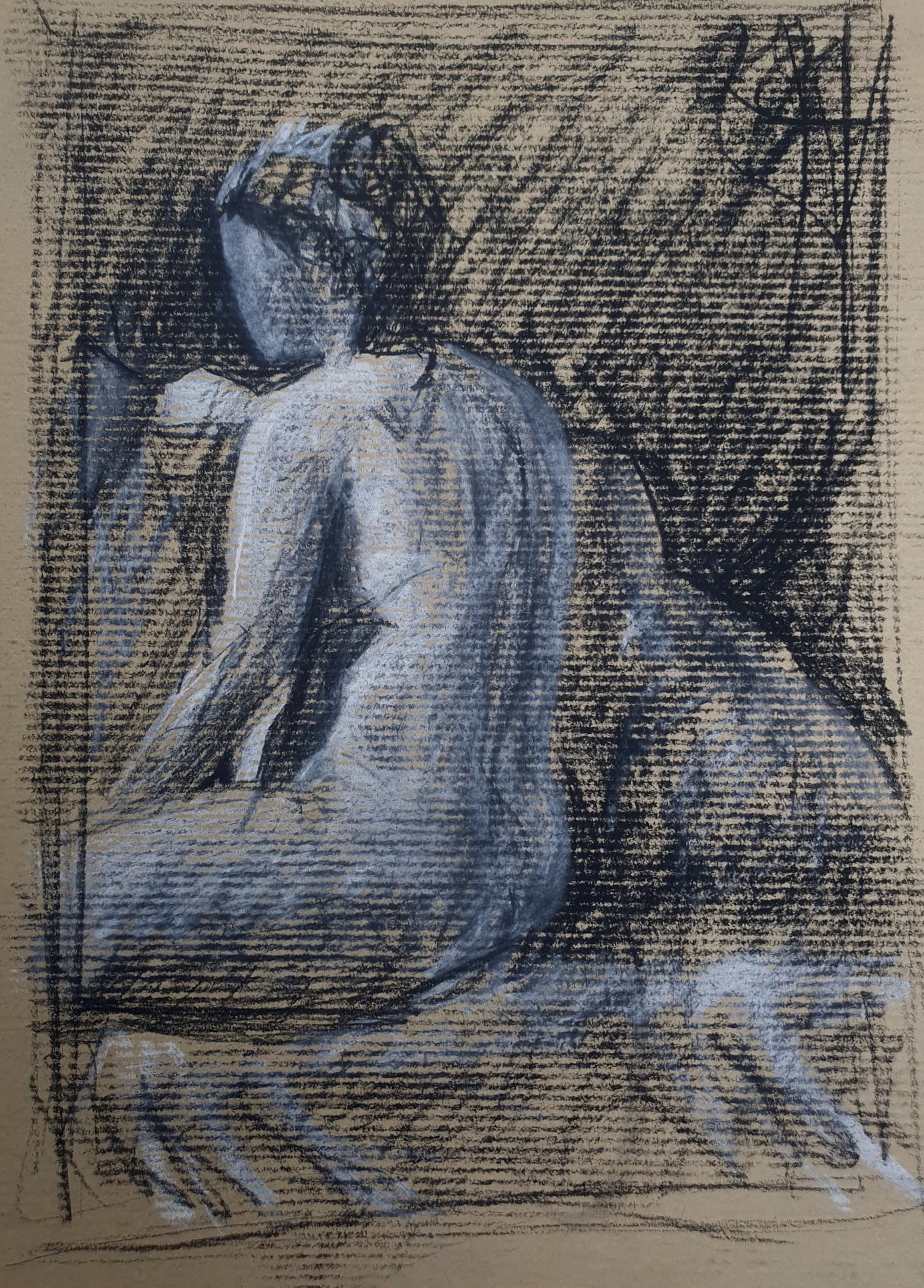 Modeldrawing zwart en wit contékrijt op getoond papier Rachel Climo