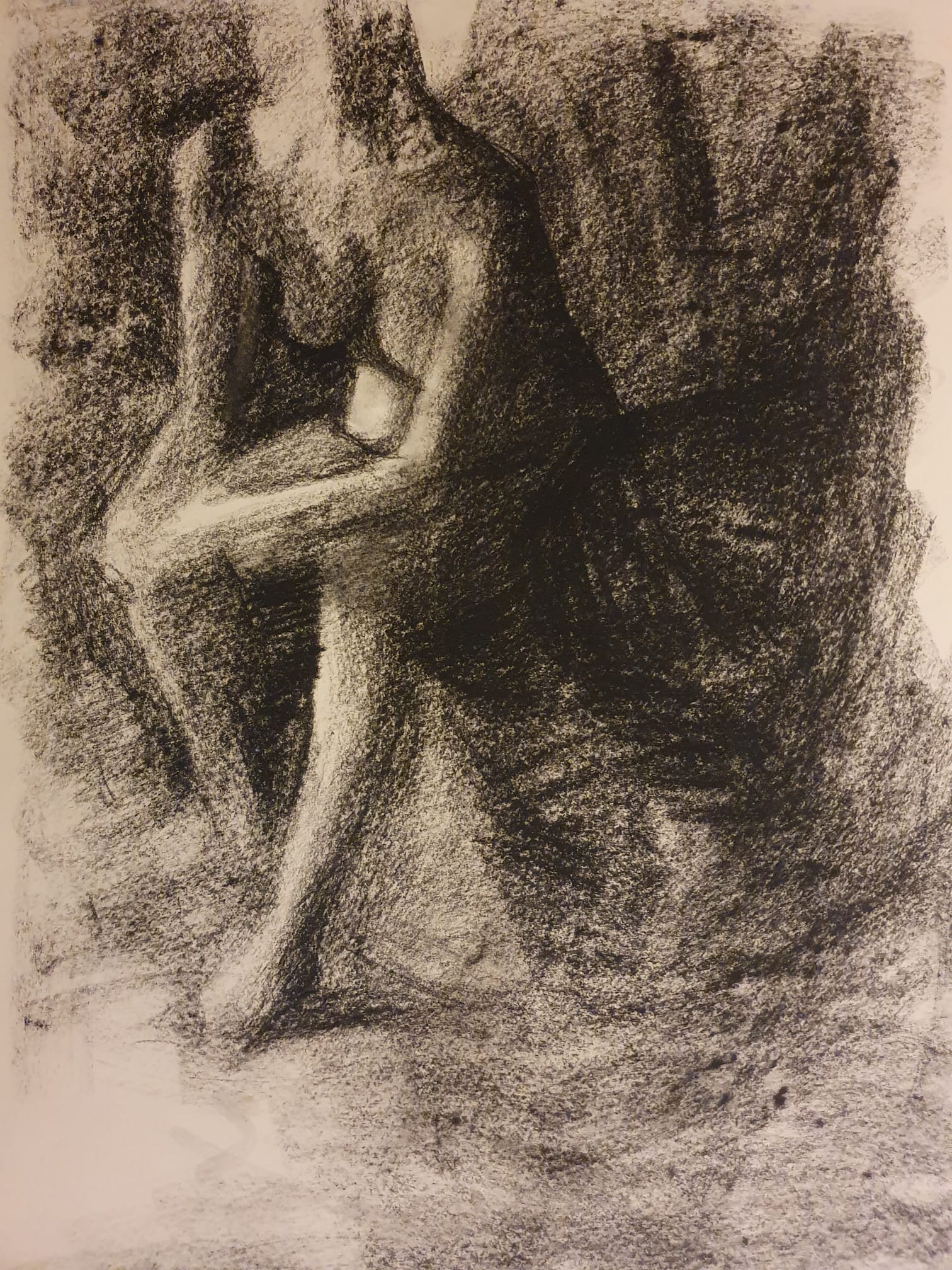 Modeltekening modeldrawing Rachel Climo zwart conté krijt op getoond papier