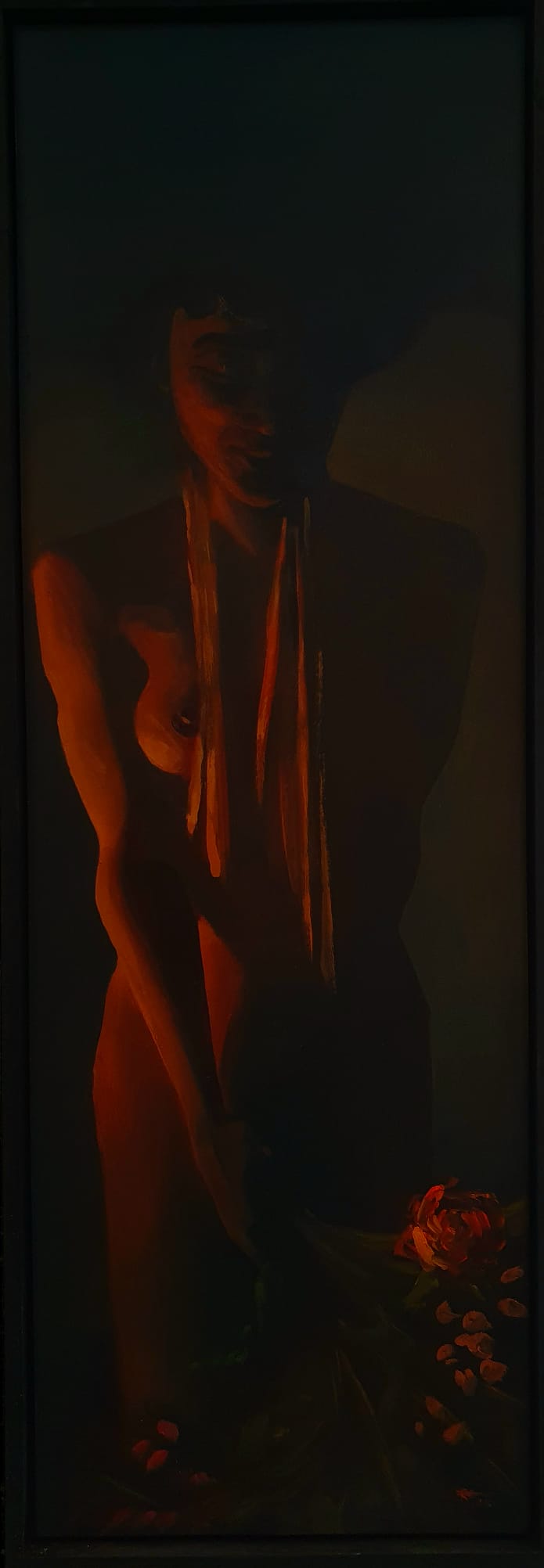Sweet companion oilpainting by Rachel Climo clair obscur vrouw met bloemen donker schilderij
