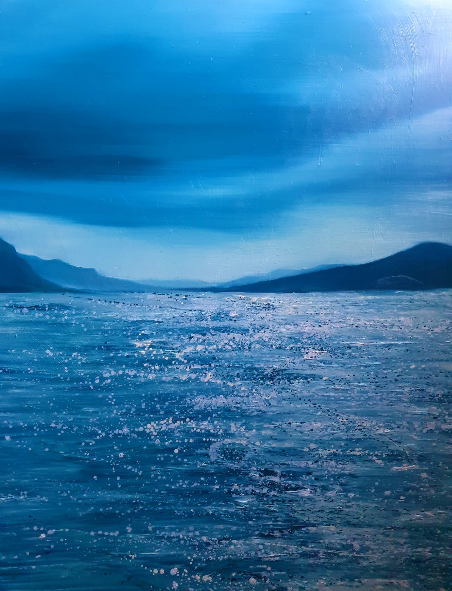 Oilpainting Rachel Climo reflections on the water Saltaluokta Sweden landscape blue