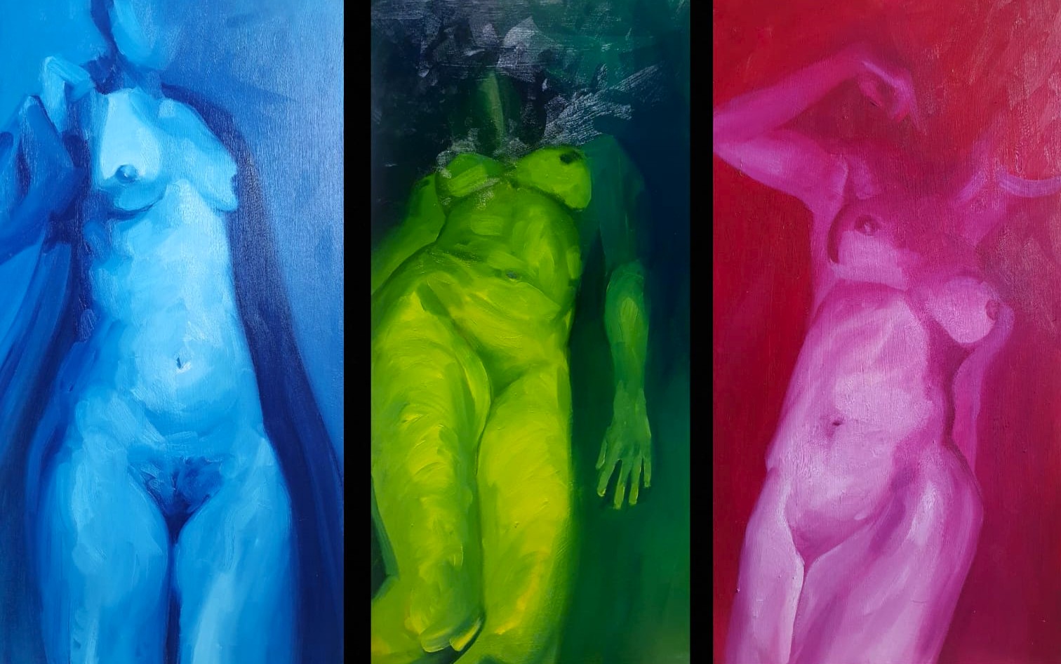 tryptich nude modelpainting in blue green and magenta or pink nude female modelpainting by rachel climo