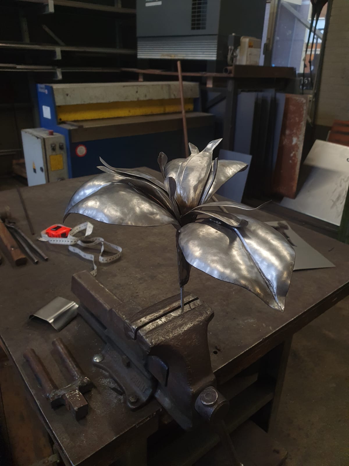 Iris work in progress Rachel Climo welding metalartwork yellow iris