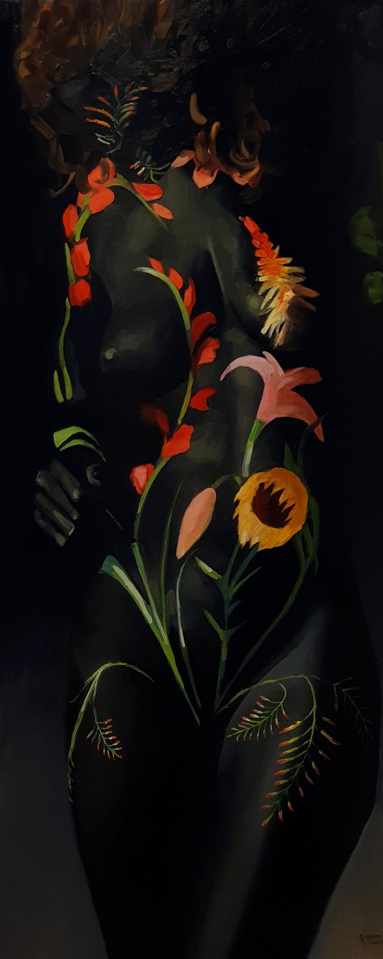 Second skin Second skin, olieverf schilderij door Rachel Climo olie op paneel schilderij met bloemen en vrouwelijk lichaam