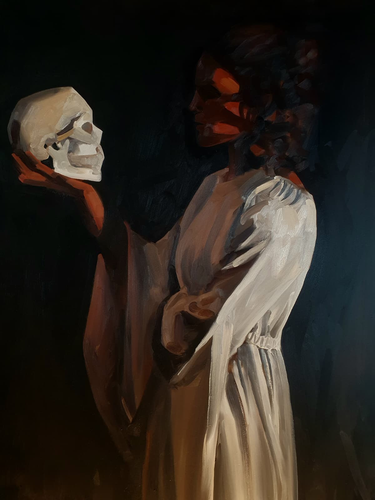 Mememto mori painting by Rachel Climo oil on panel schilderij met olieverf schedel en vrouw