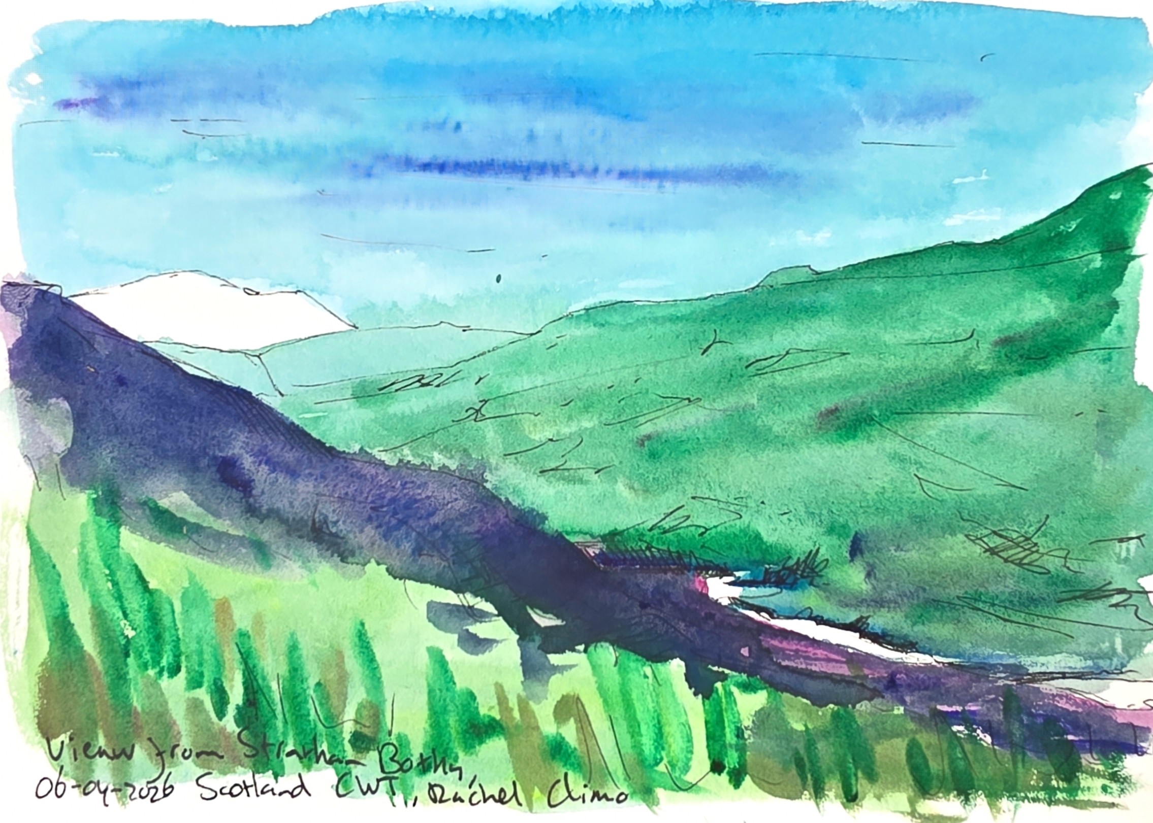 View from Strathan Bothy at cape wrath trail Rachel Climo watercolor