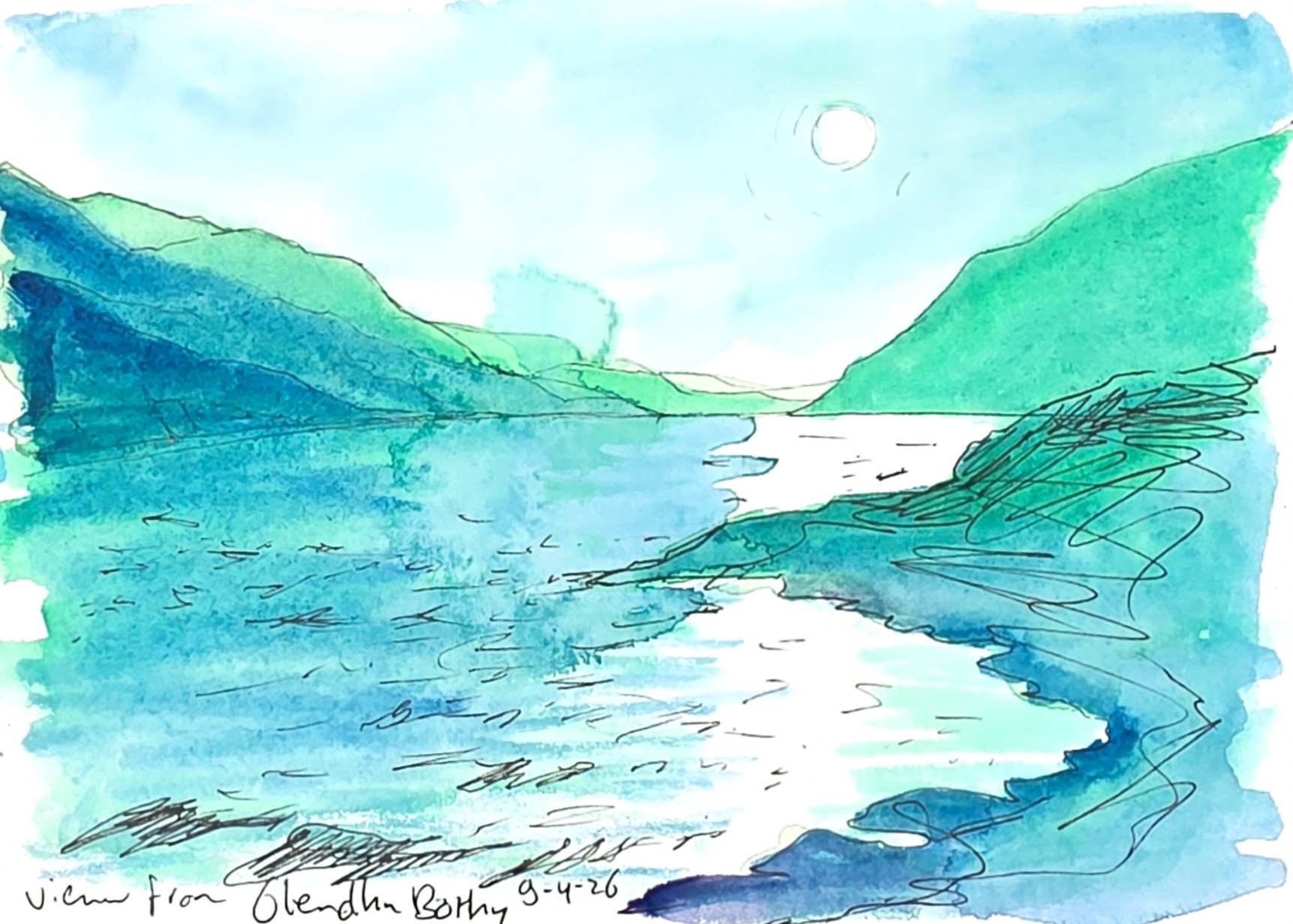 View from Glendhu Bothy at cape wrath trail Rachel Climo watercolor
