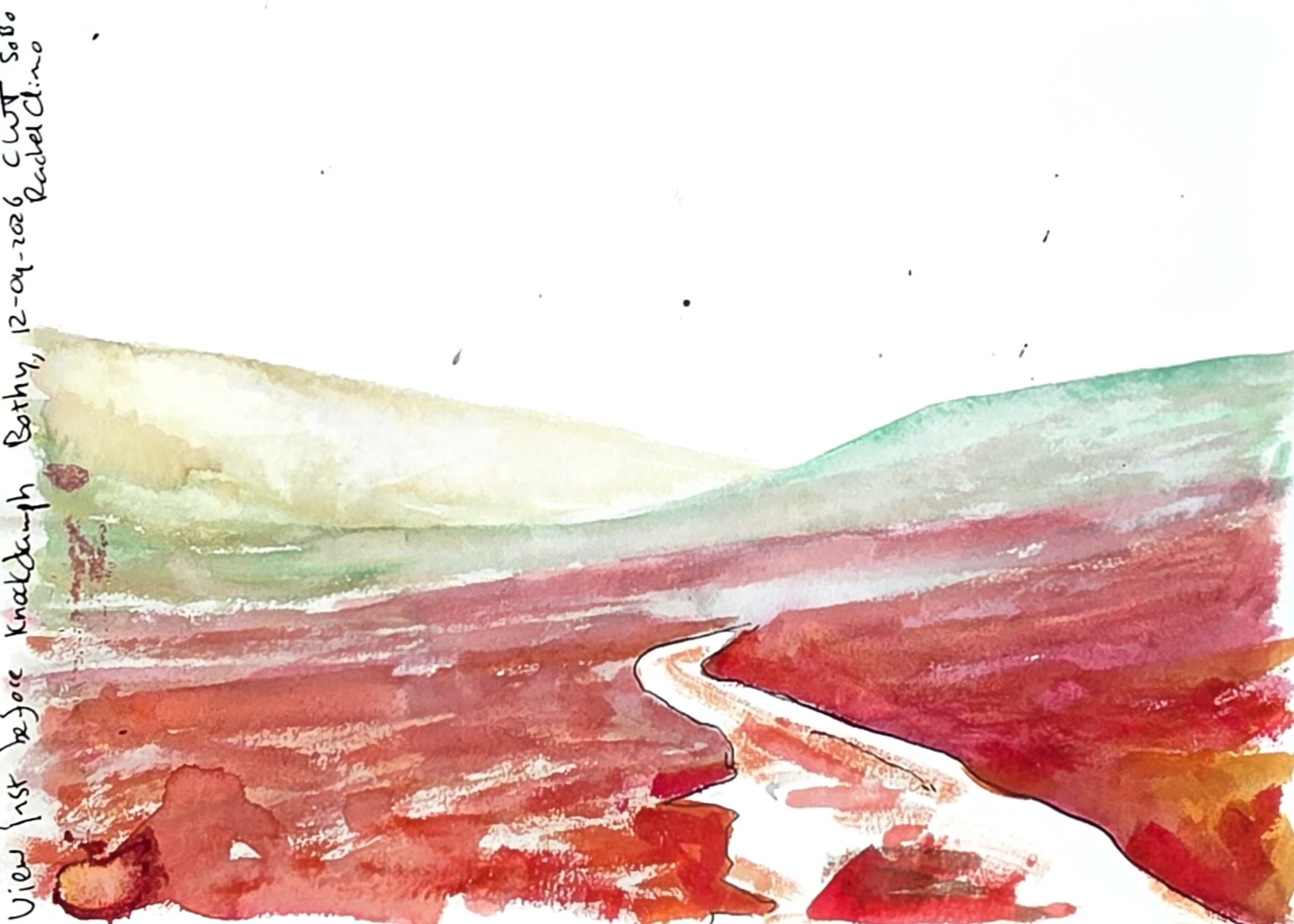 View just before Knockdamph bothy in heavy rain on cape wrath trail Rachel Climo watercolor