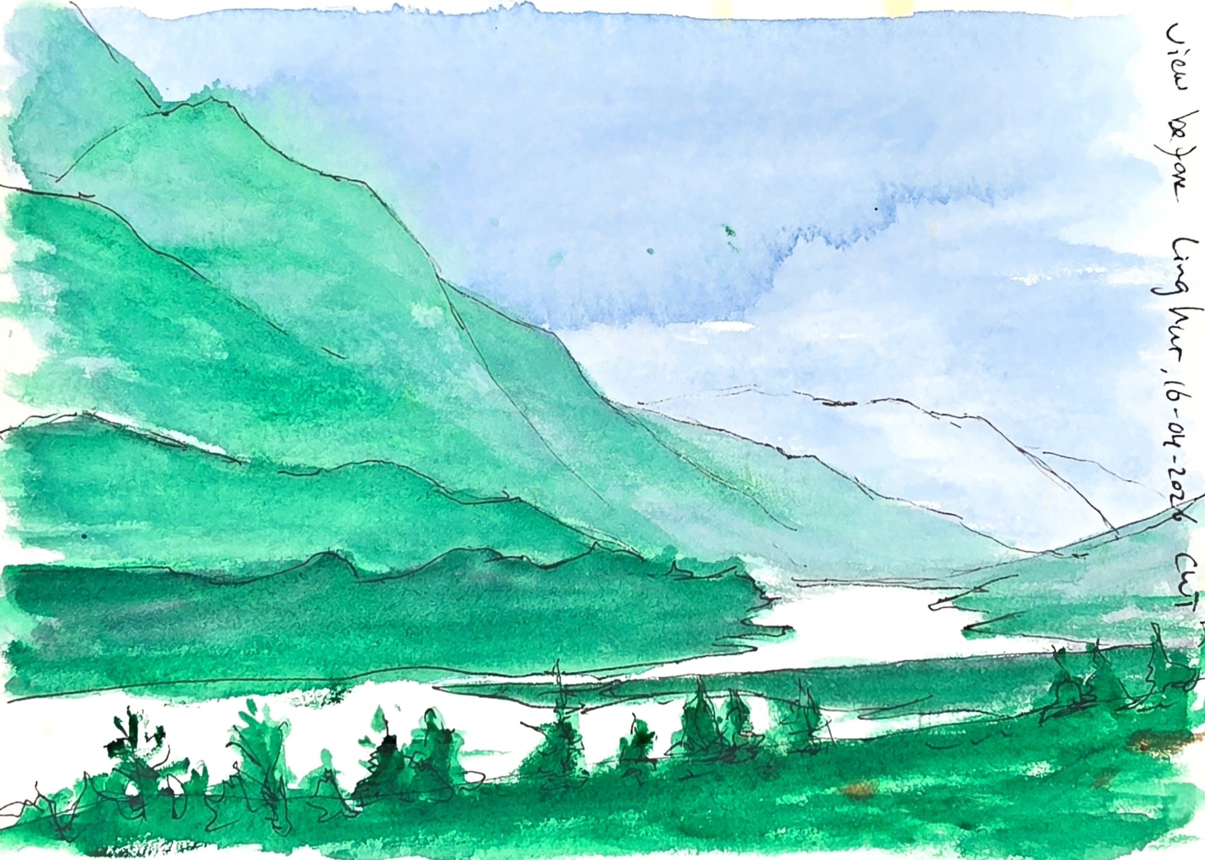 View before Ling Hut in heavy rain Scotland Cape Wrath trail Rachel Climo watercolor