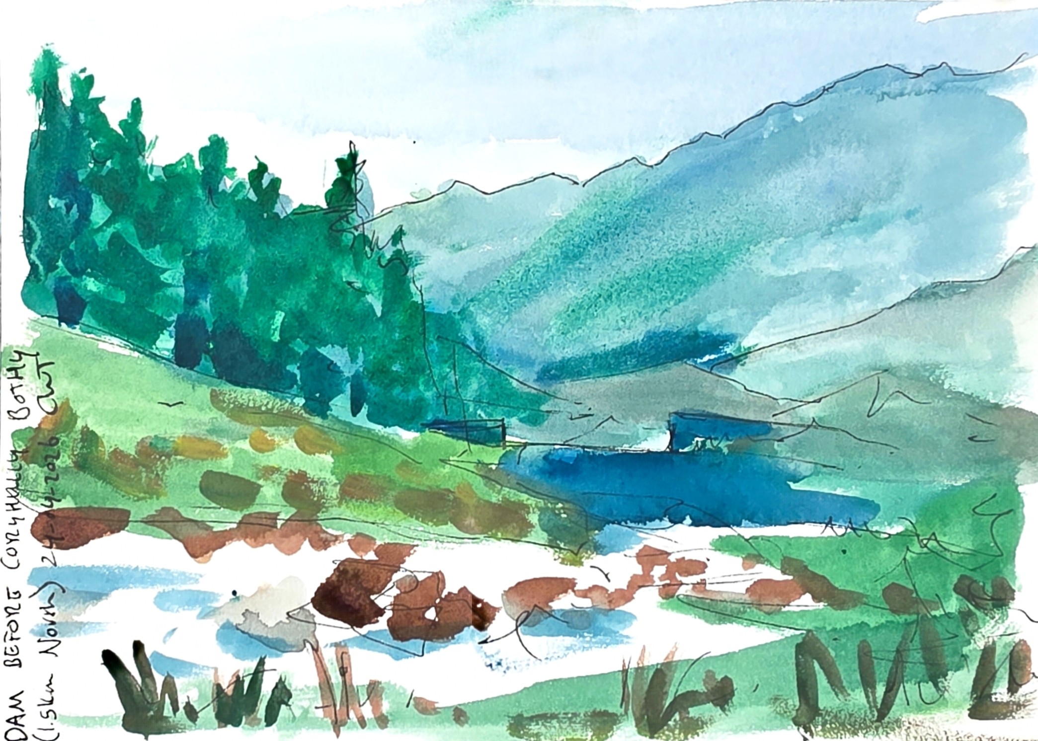 View on dam before Corryhully bothy cape wrath trail rachel climo watercolor