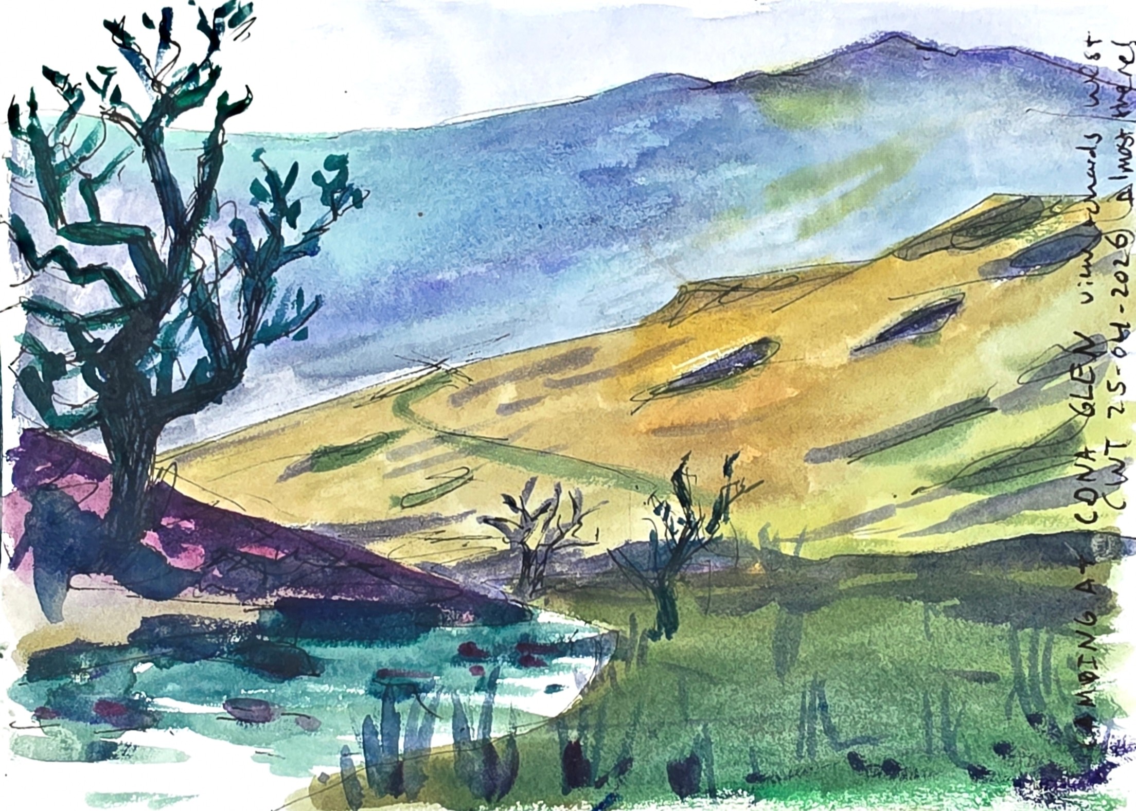 Watercolor by rachel climo of cape wrath trail solo hike in scotland cona glen