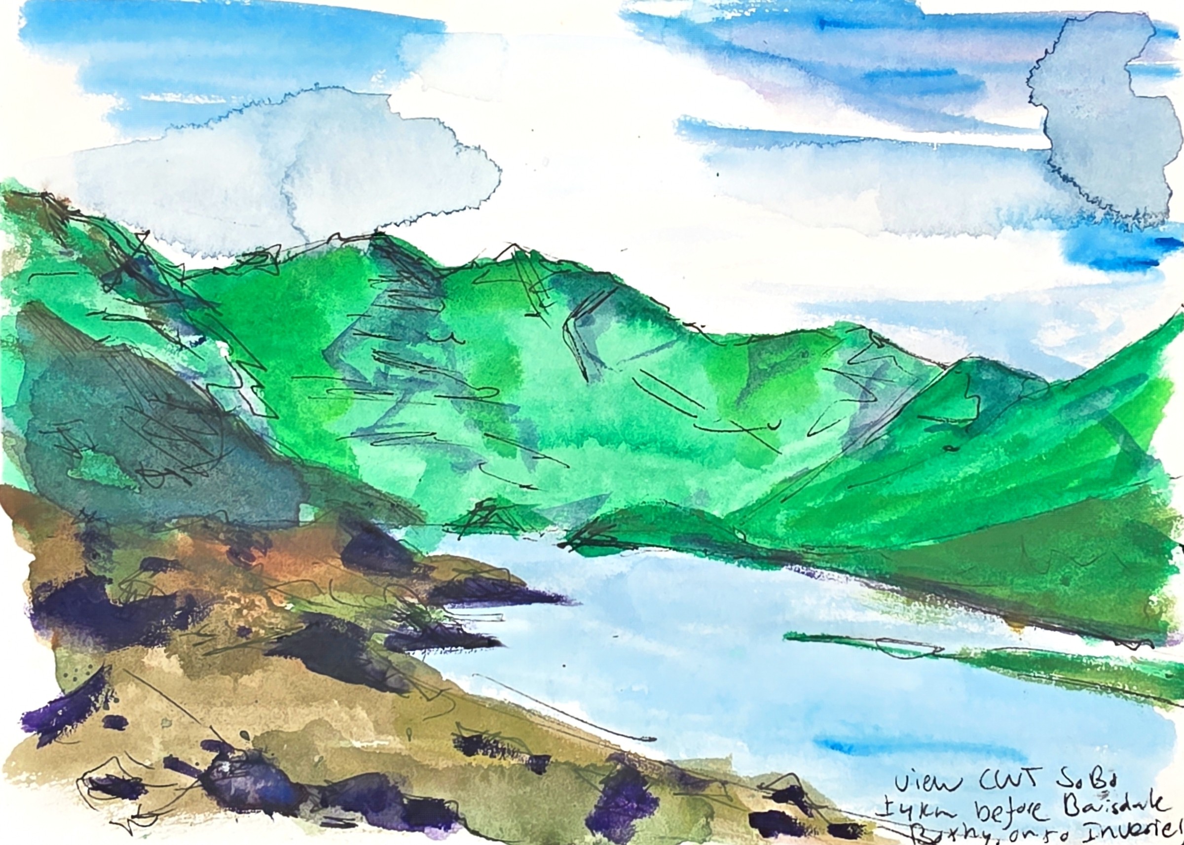 View before Barisdale Bothy by rachel climo watercolor on cape wrath trail scotland