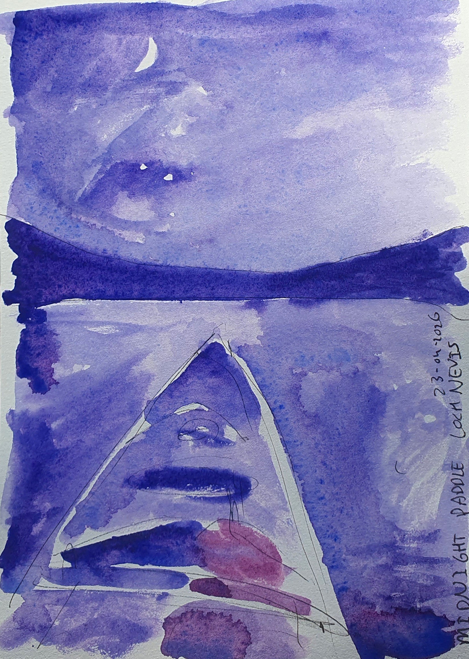 Midnight kayak paddle Loch Nevis Cape Wrath Trail Scotland watercolor Rachel Climo